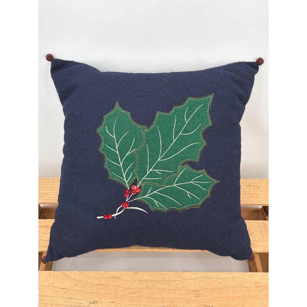 Handmade Christmas Holly Berry Navy Blue Felt Throw Pillow with Beaded Tassels